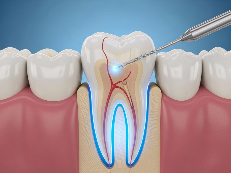 Dentist showing a patient his teeth with a mirror. Both are smiling.
