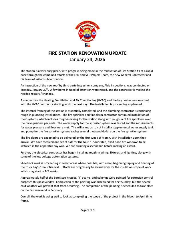Fire Station Renovation Update, January 24, 2026, with text regarding renovation progress.