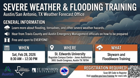 Severe weather and flooding training in Austin, TX on Feb 28, 2026, at St. Edwards University. Free and open to everyone.