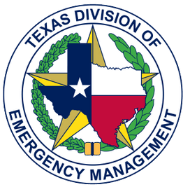 Official seal of the Texas Division of Emergency Management with the Texas state flag shaped as the state of Texas.