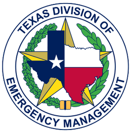 Official seal of the Texas Division of Emergency Management with the Texas state map superimposed over a yellow star.