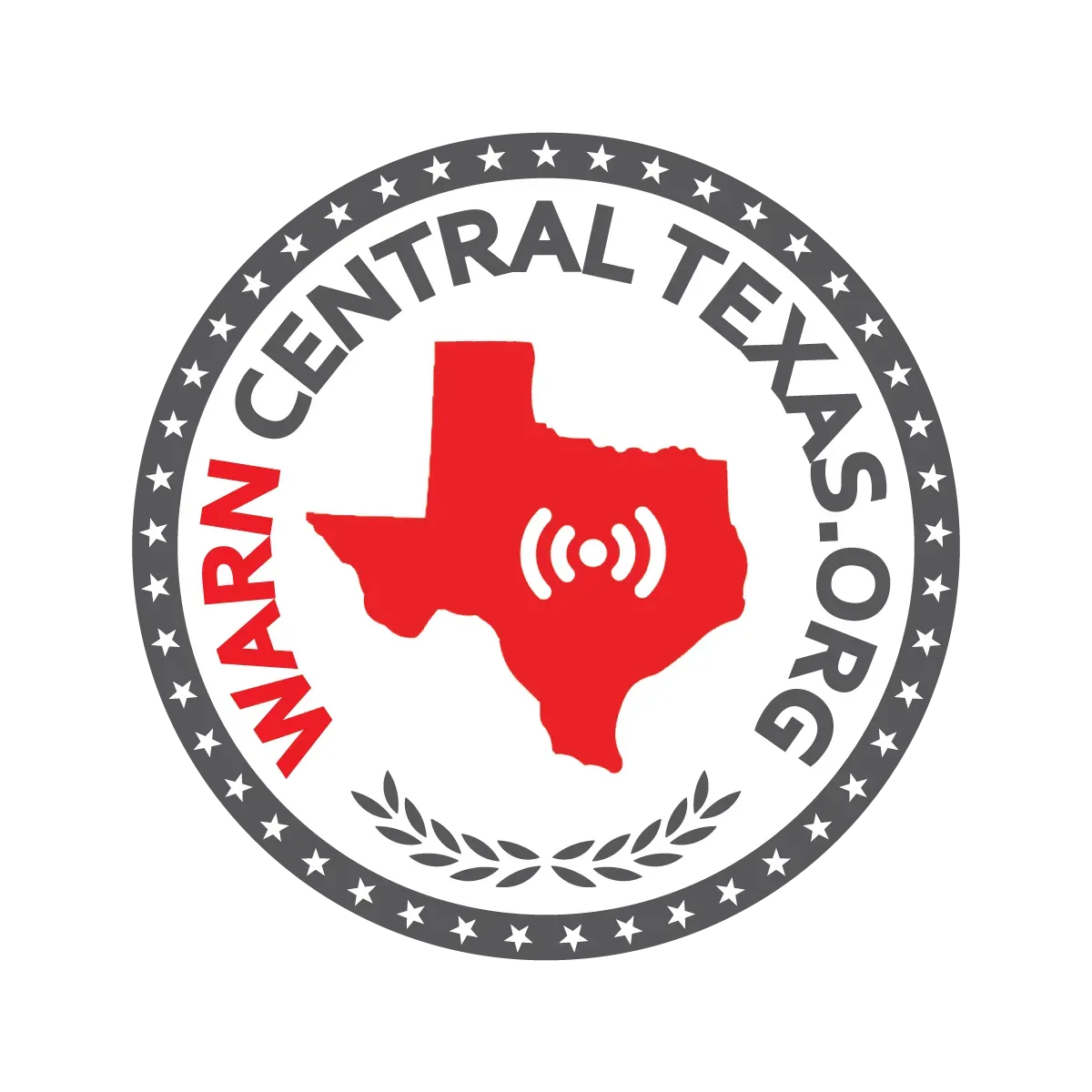 Logo for Warn Central Texas, featuring a red Texas outline with a broadcast symbol