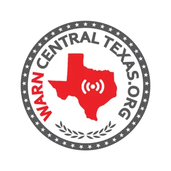 Logo of Warn Central Texas, featuring a red Texas outline with a signal symbol, and surrounding text on a gray background.