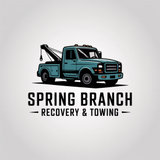 Blue tow truck logo for "Spring Branch Recovery & Towing".