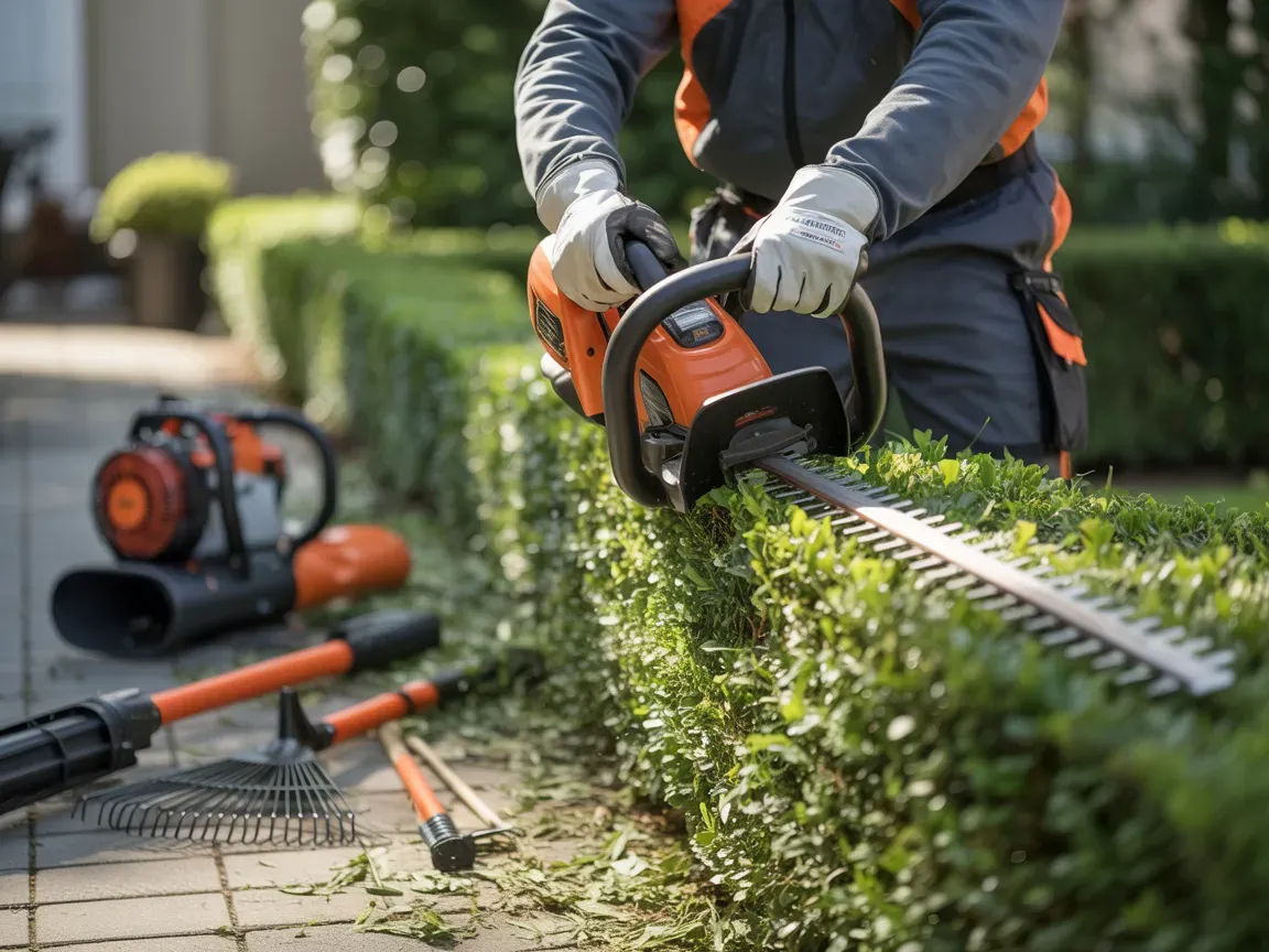 A person trims a hedge with a hedge trimmer in a garden, other tools visible.