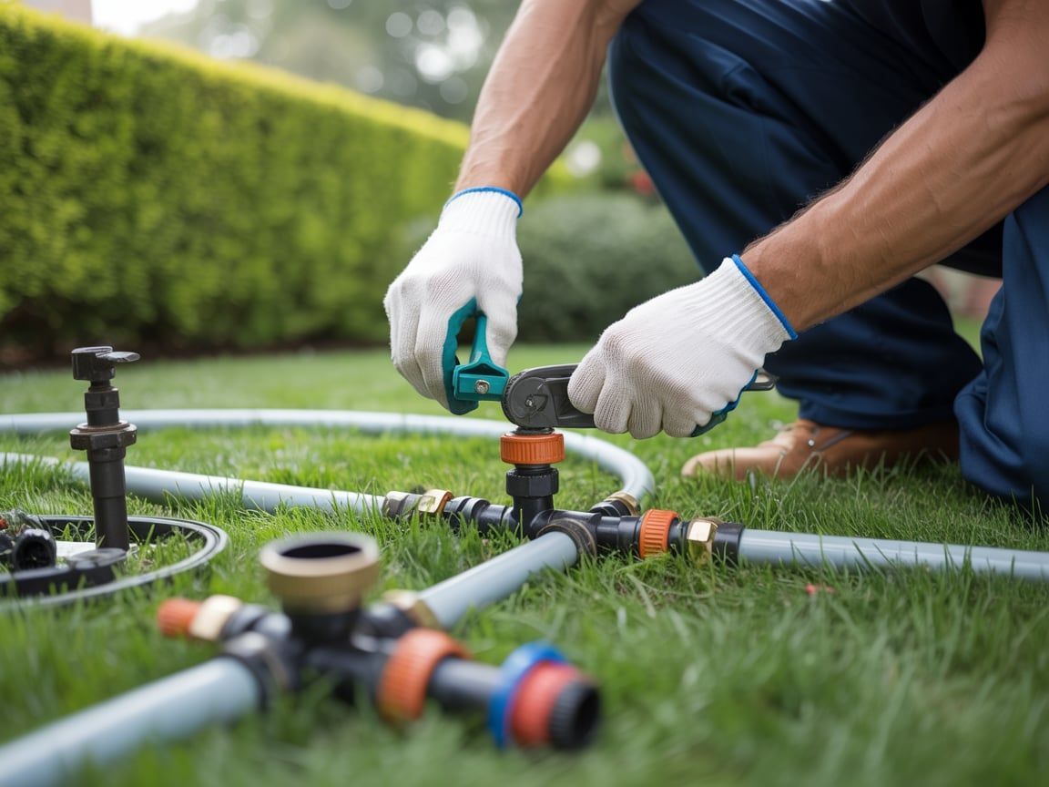 Man in gloves assembling a garden irrigation system on green grass.