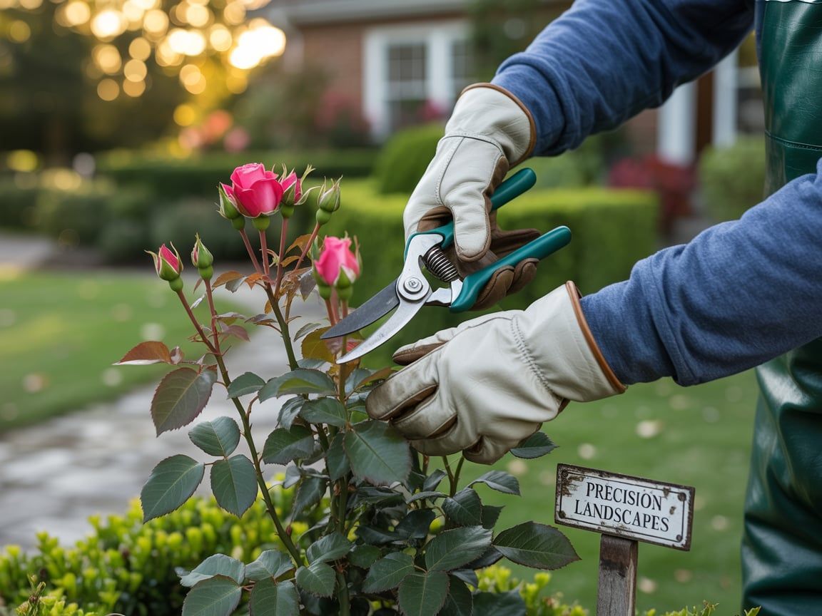Person pruning a rose bush in a garden, wearing gloves and holding pruning shears.