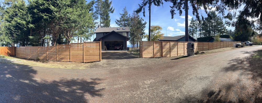 A panoramic view of a house with a wooden fence around it.