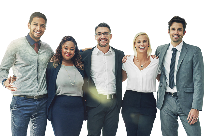 Five diverse business professionals smiling with arms around each other, against a white background.