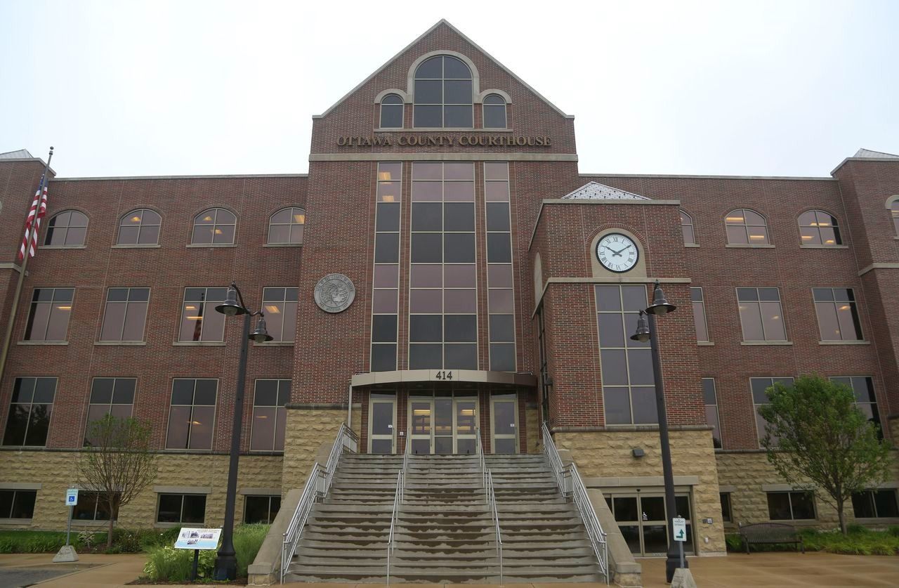 Brick building with clock, 
