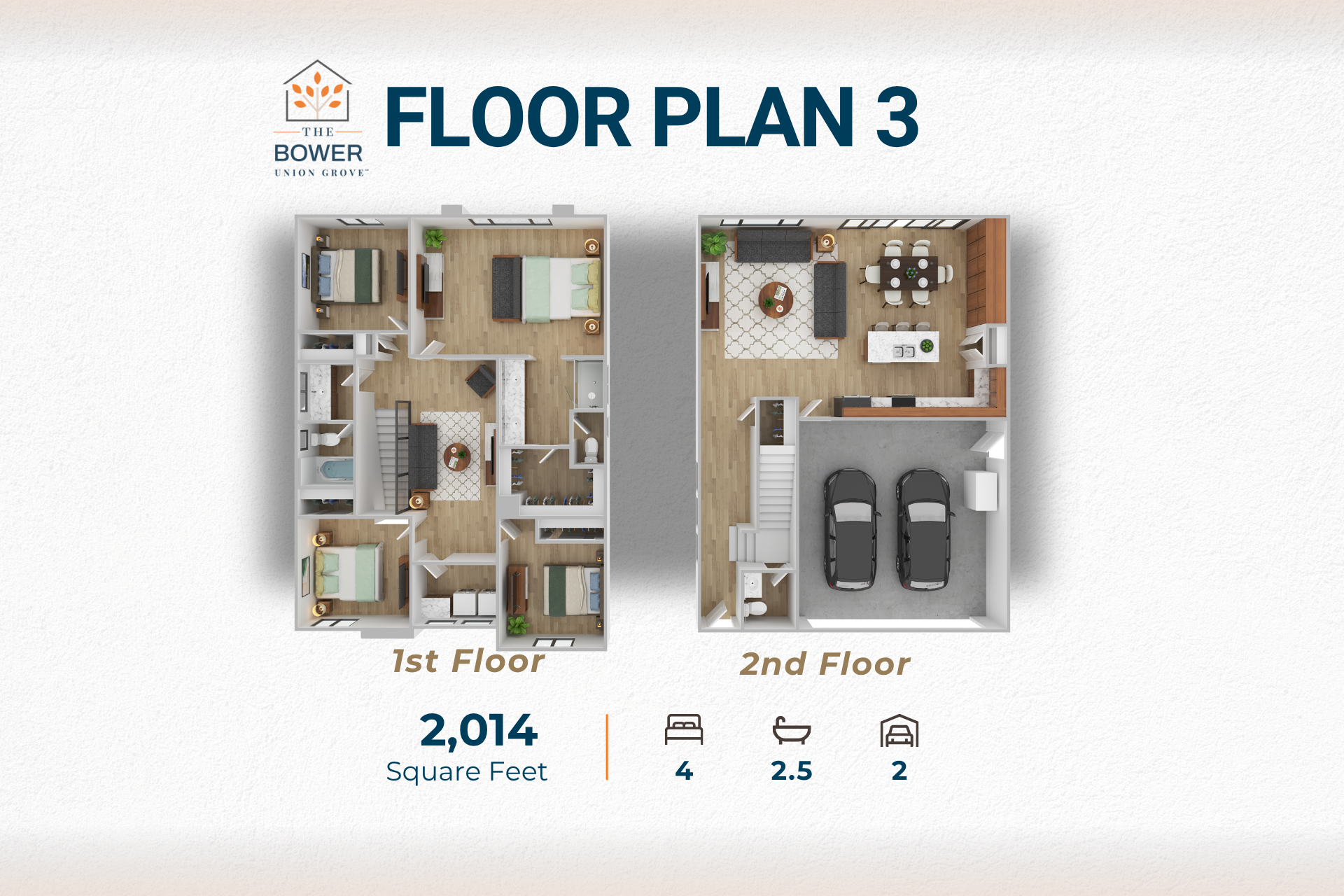 Floor plan 3 showing 1st and 2nd floor layouts with room furnishings and 2,014 square feet.