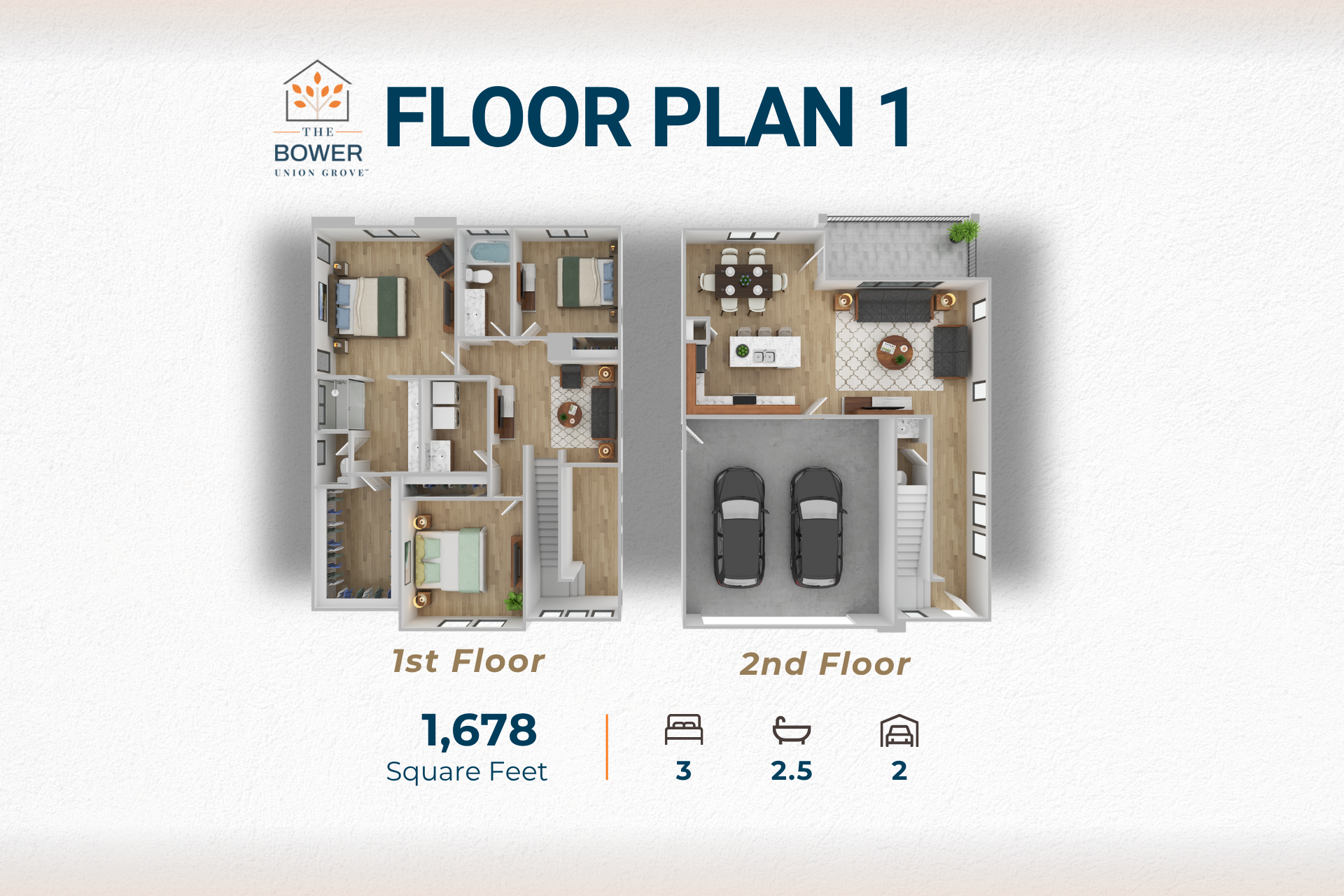 Floor plan graphic showing 1st and 2nd floor layouts with 1,678 sq ft and 3 beds, 2.5 baths