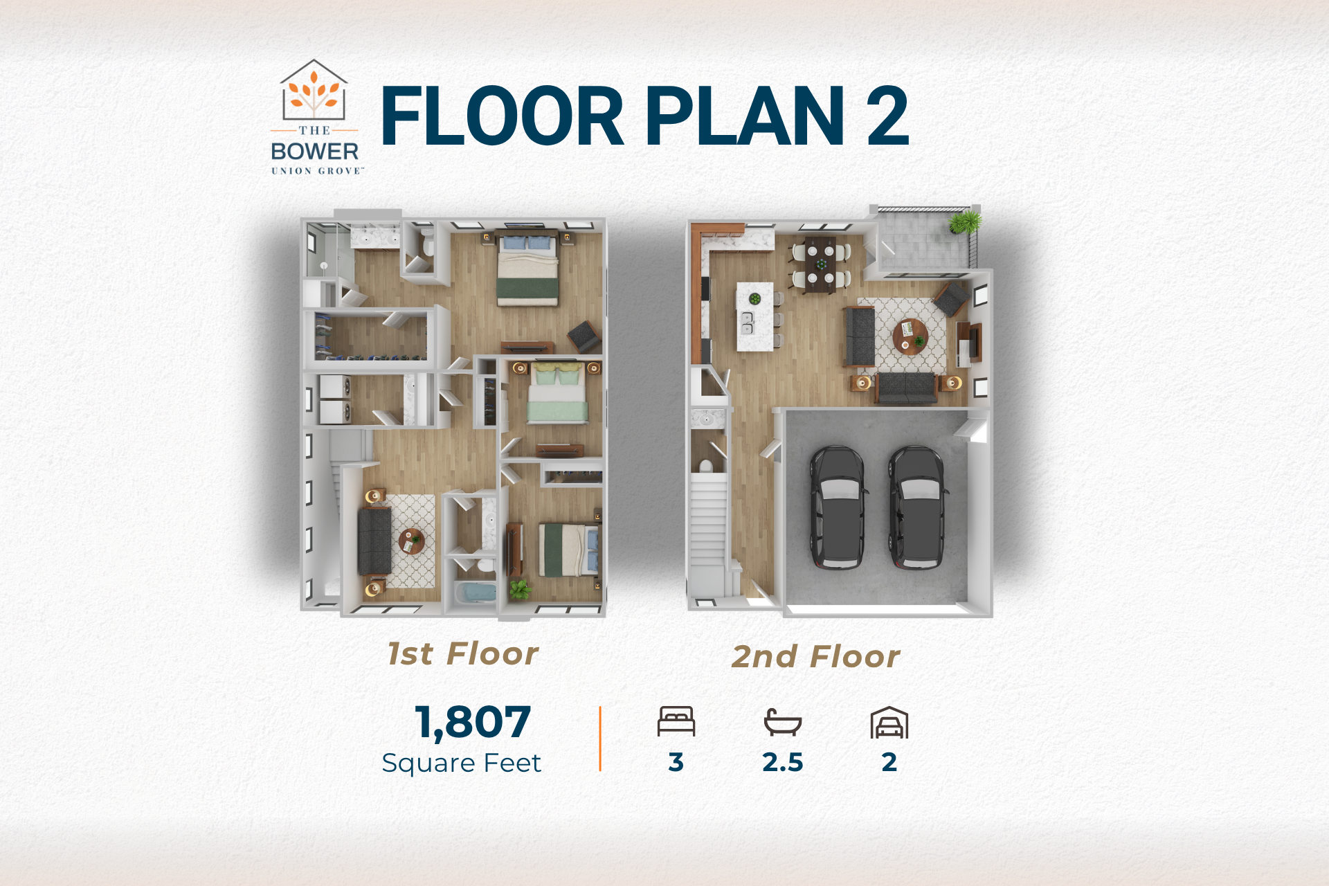 Two-floor home plan with 1st and 2nd floor layouts, three bedrooms, 2.5 baths, and a two-car garage