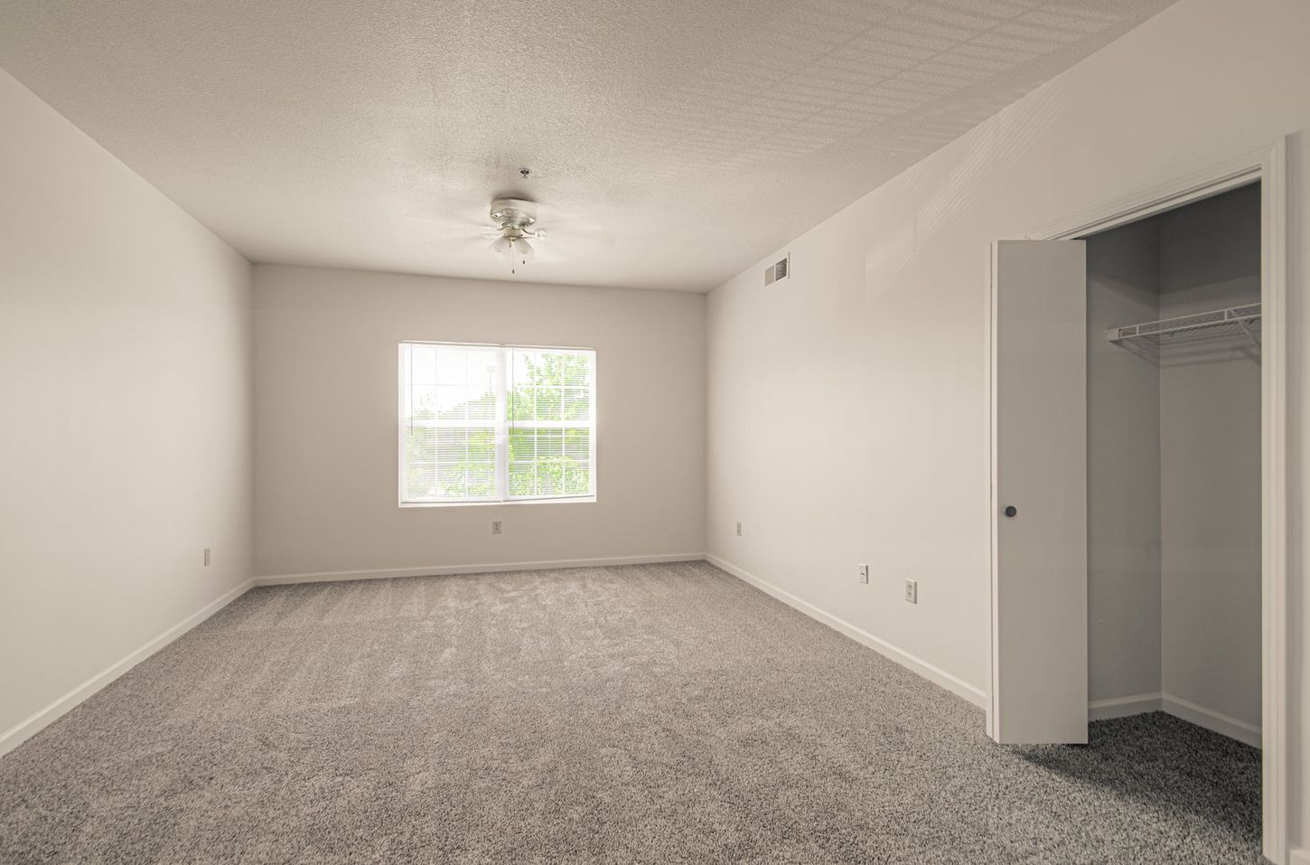 Empty room with light gray carpet, white walls, a window, and an open closet.