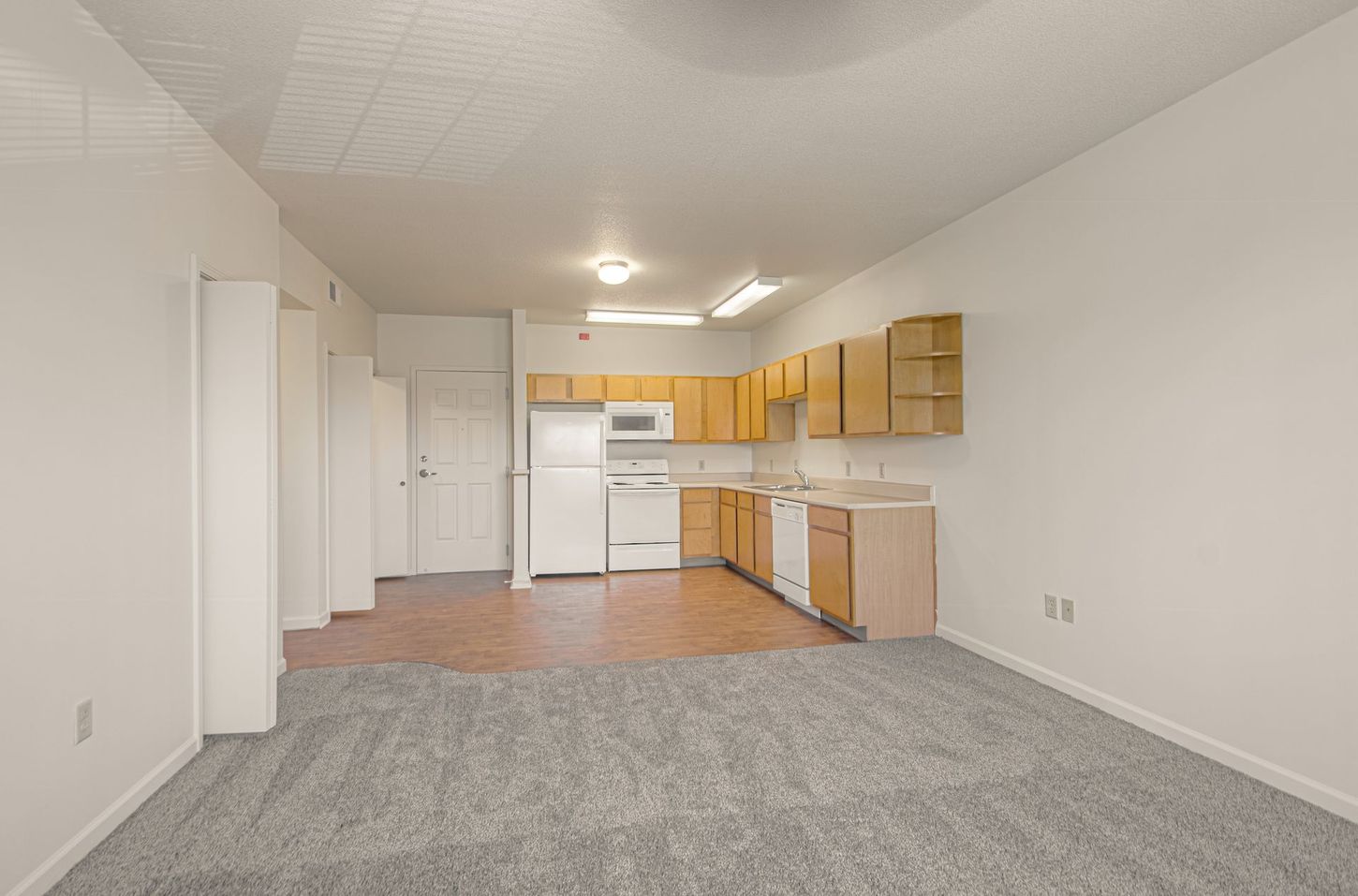 An empty apartment kitchen with light-colored wood cabinets, white appliances, and a gray carpeted living area.
