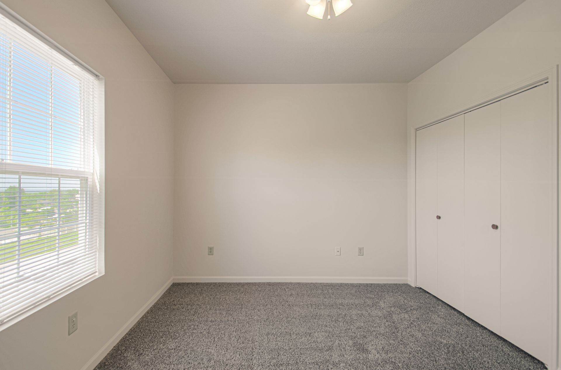 Empty bedroom with gray carpet, white walls, a closed closet, and a window with blinds.