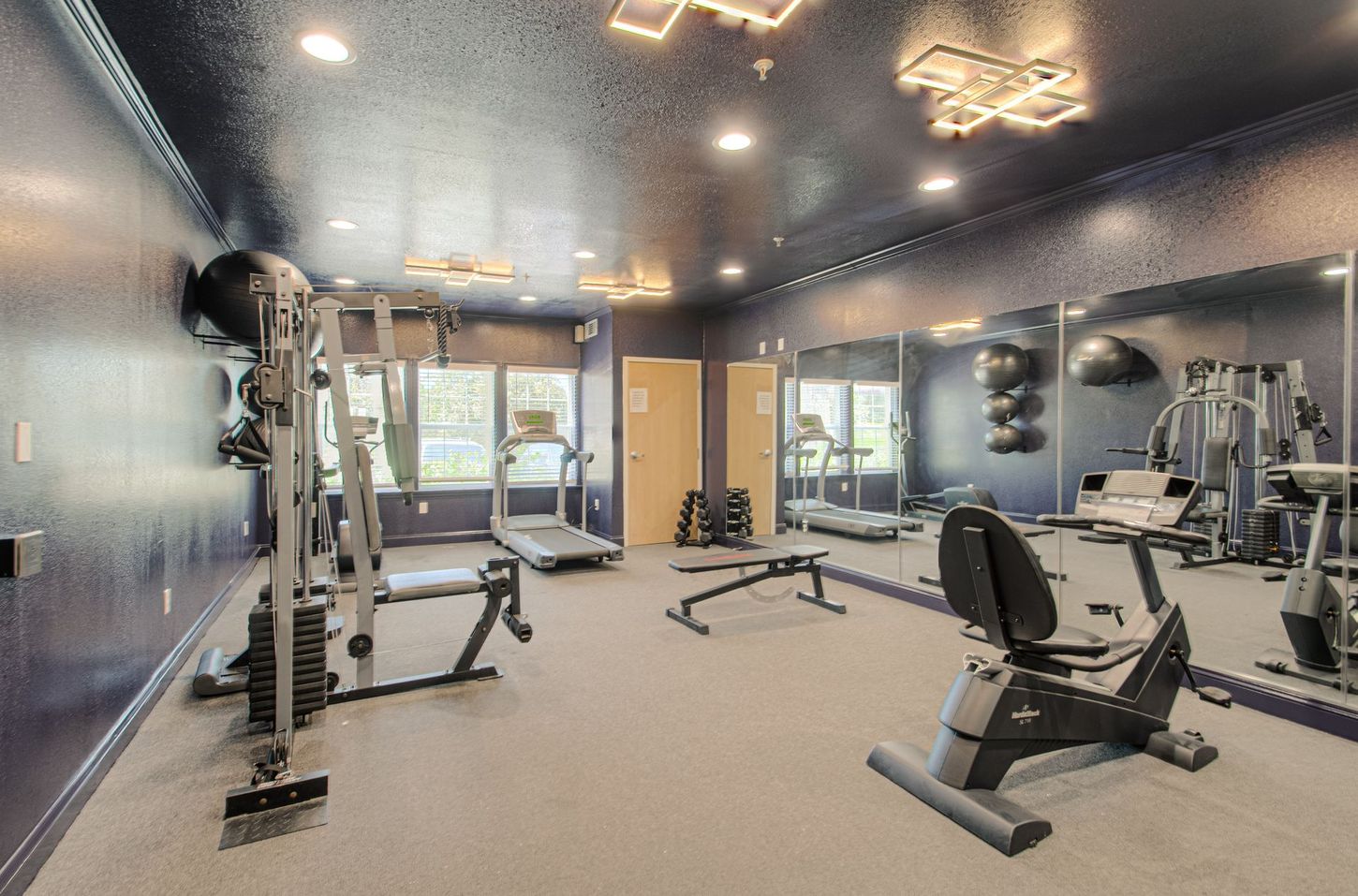A gym with various workout machines, including treadmills, weights, and stationary bikes. The room has a blue ceiling, mirrors, and natural light.
