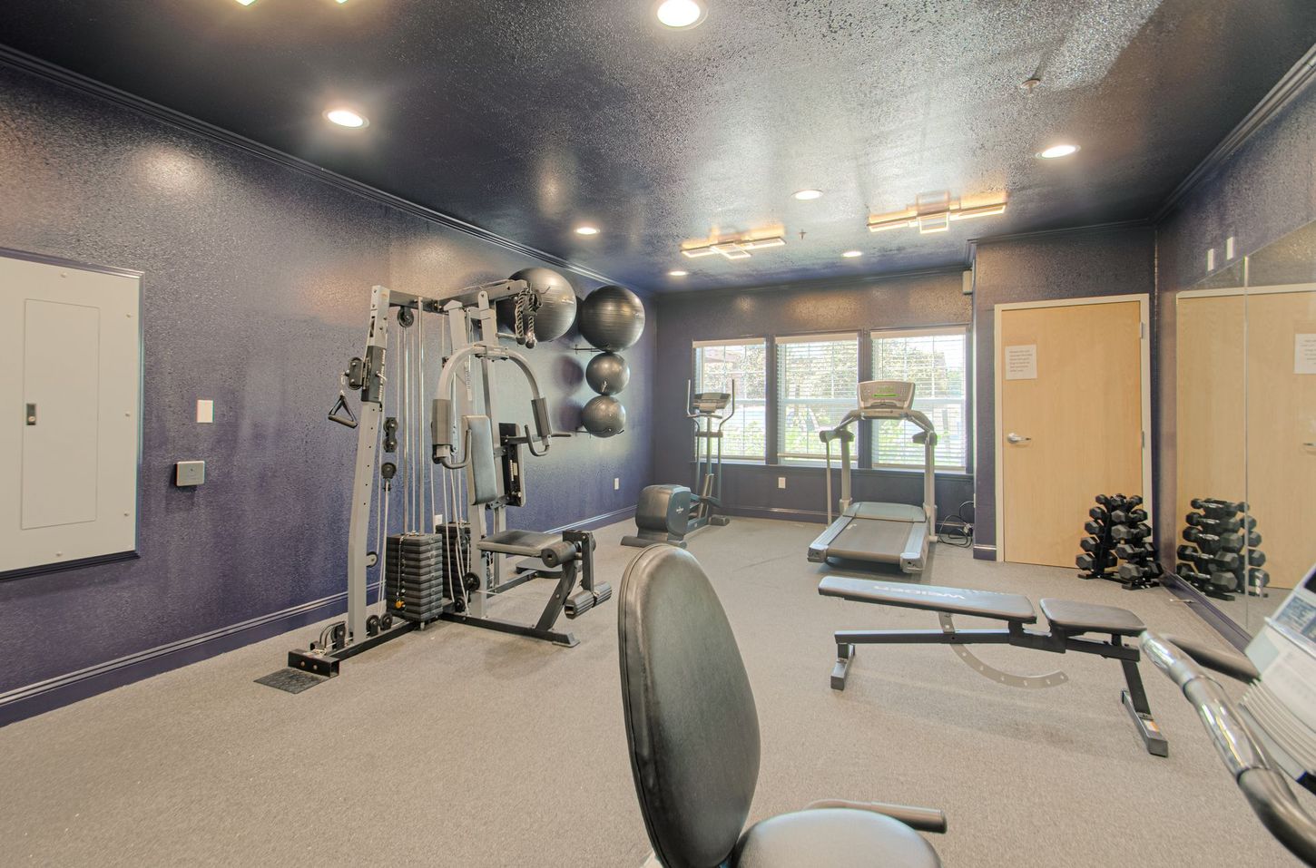 Gym with various exercise equipment, including a multi-station weight machine, treadmill, and free weights, set against blue mosaic walls.