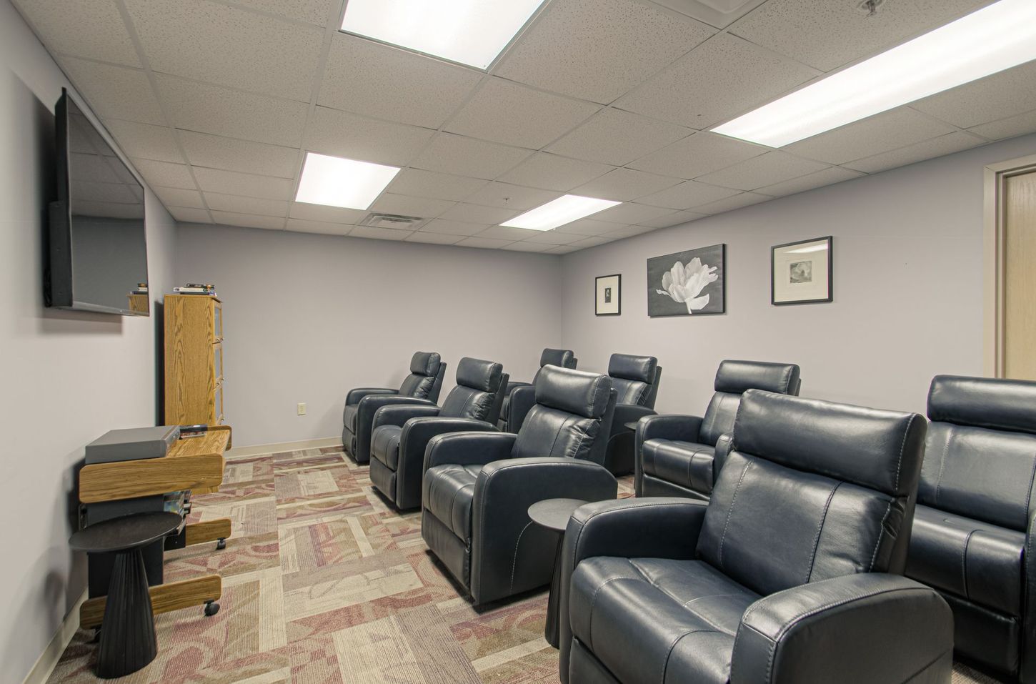 A small, gray-walled movie theater with dark blue recliners, a TV, and artwork.