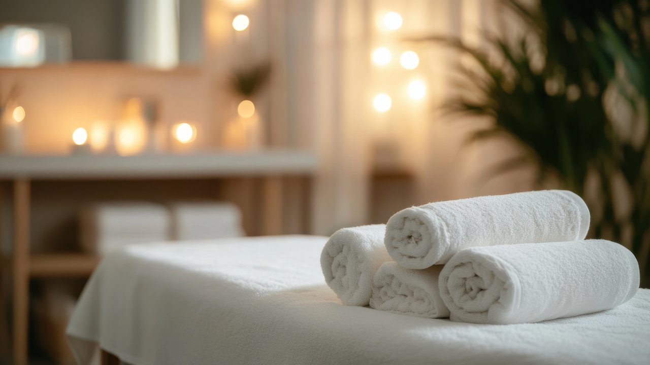 White rolled towels on a massage table in a softly lit spa setting.