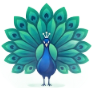 A vibrant blue and green peacock standing with its tail feathers fanned out in a symmetrical display.