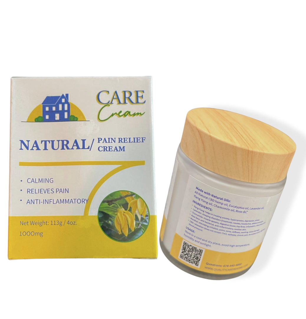 jar of our Quality Care Cream. contains menthol, Aloe Vera Chamomile Lavender