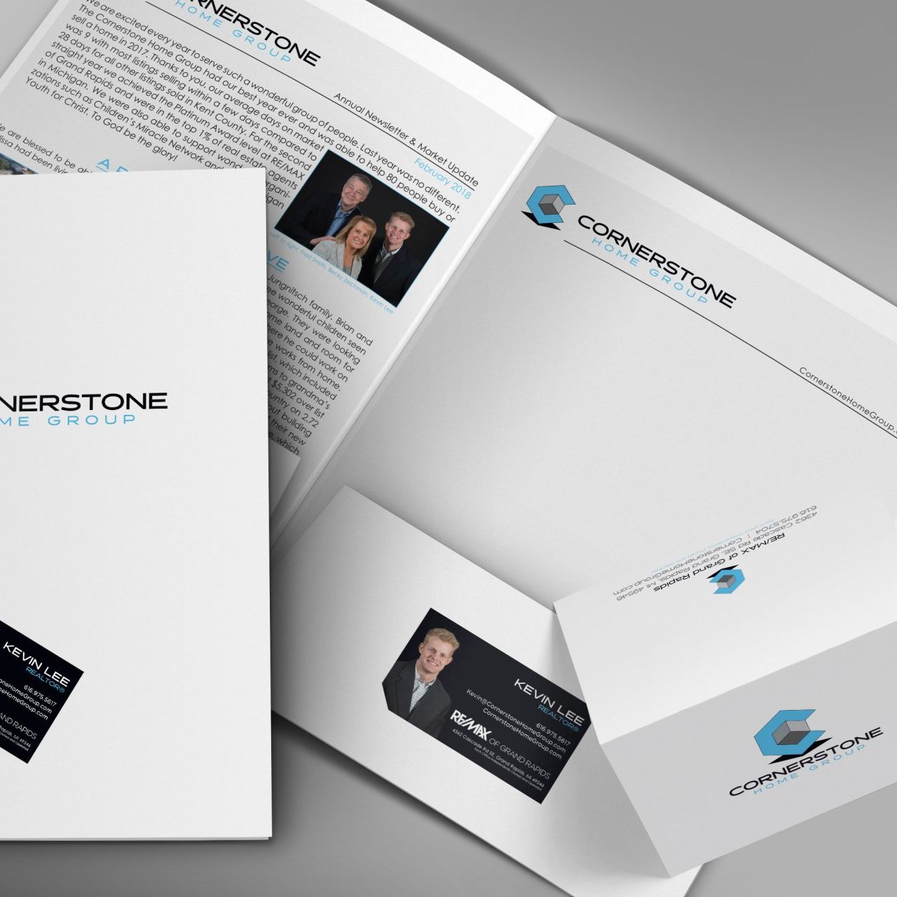 branding for Cornerstone Home Group including folders, business cards, newsletters, and notecards.