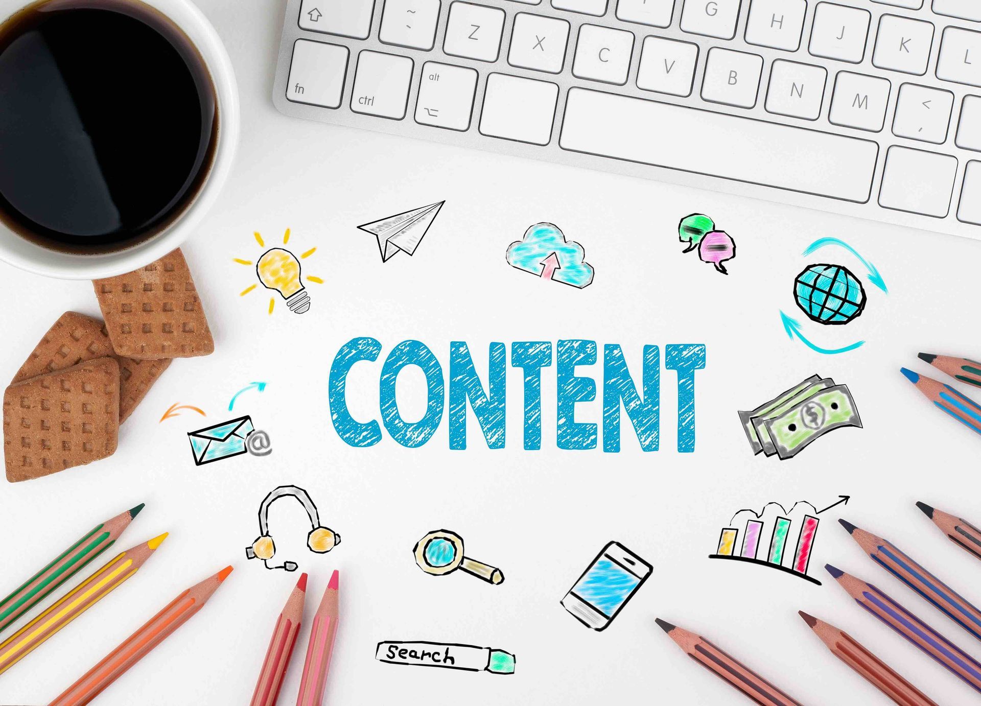 The word content is written on a piece of paper surrounded by pencils and a cup of coffee.