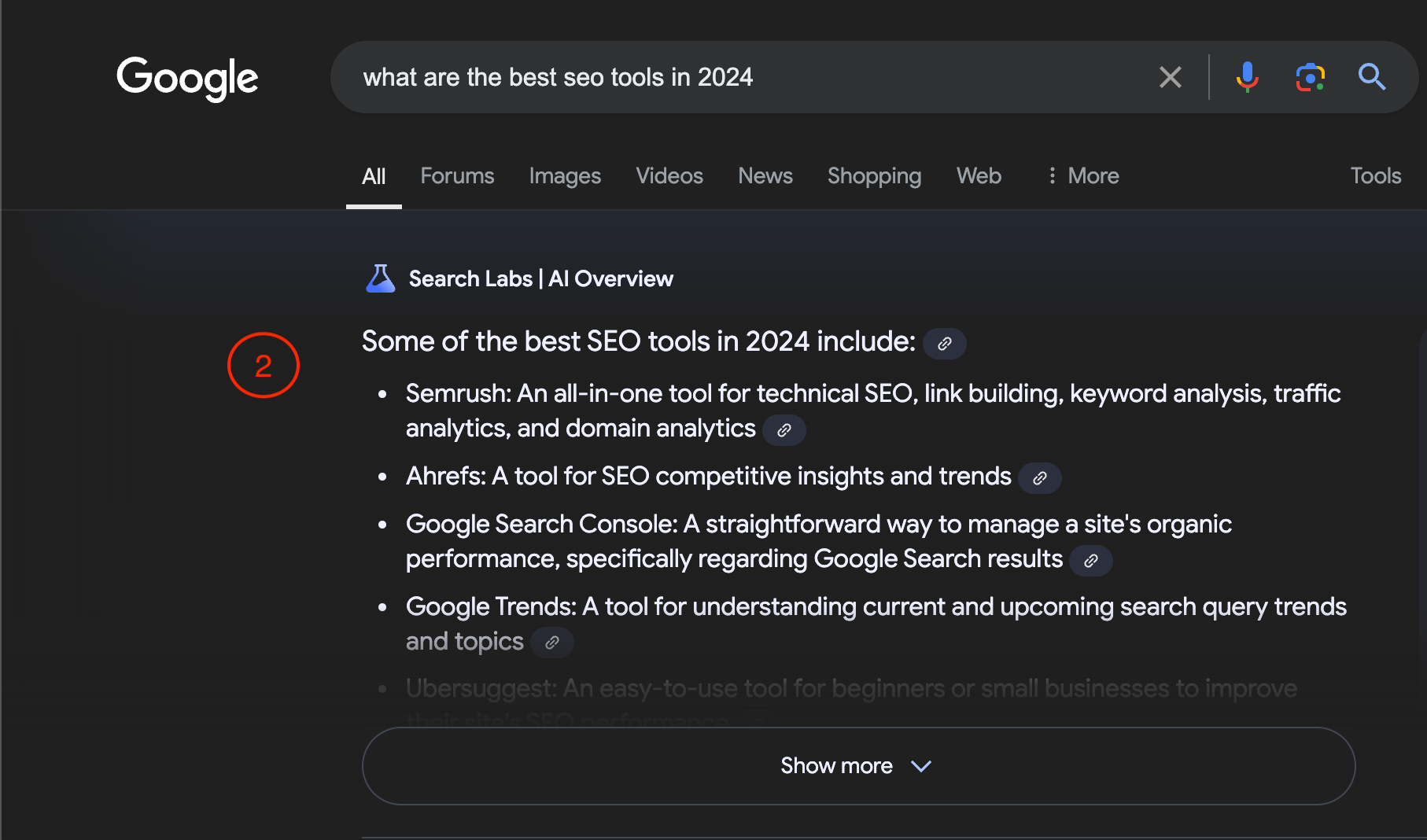 A screenshot of a Google search page highlighting a featured snippet about SEO tools in 2024.