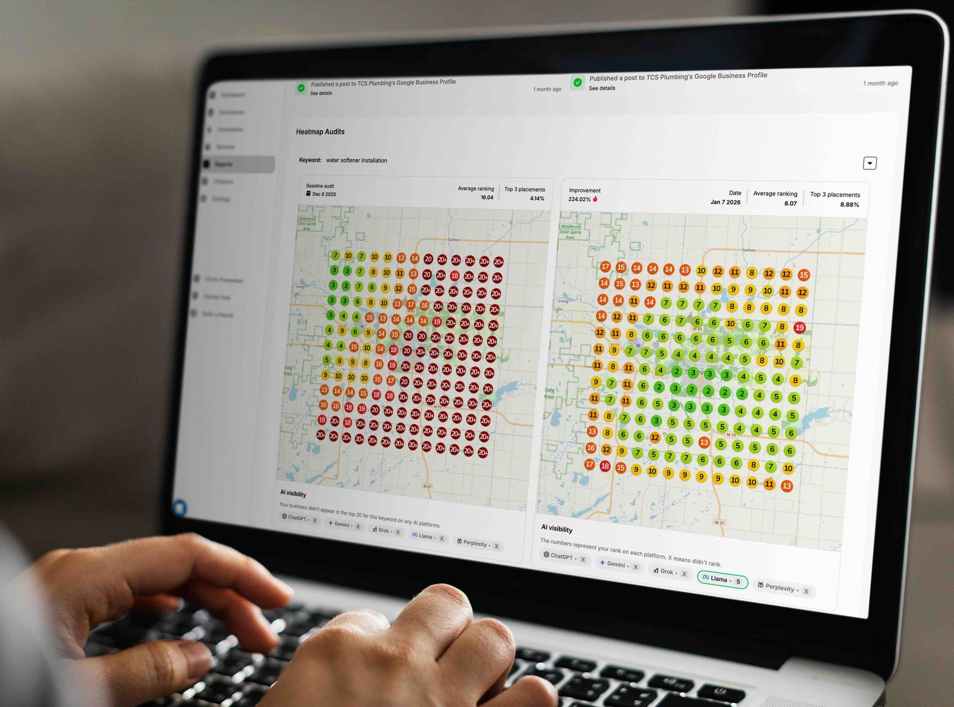 Person using laptop, displaying data visualizations of square grids with colored circles on a map.