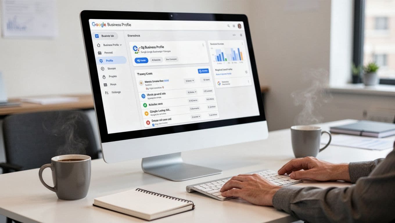Person typing on a keyboard at a desk, looking at a computer screen showing data; two mugs and a notebook are on the desk.