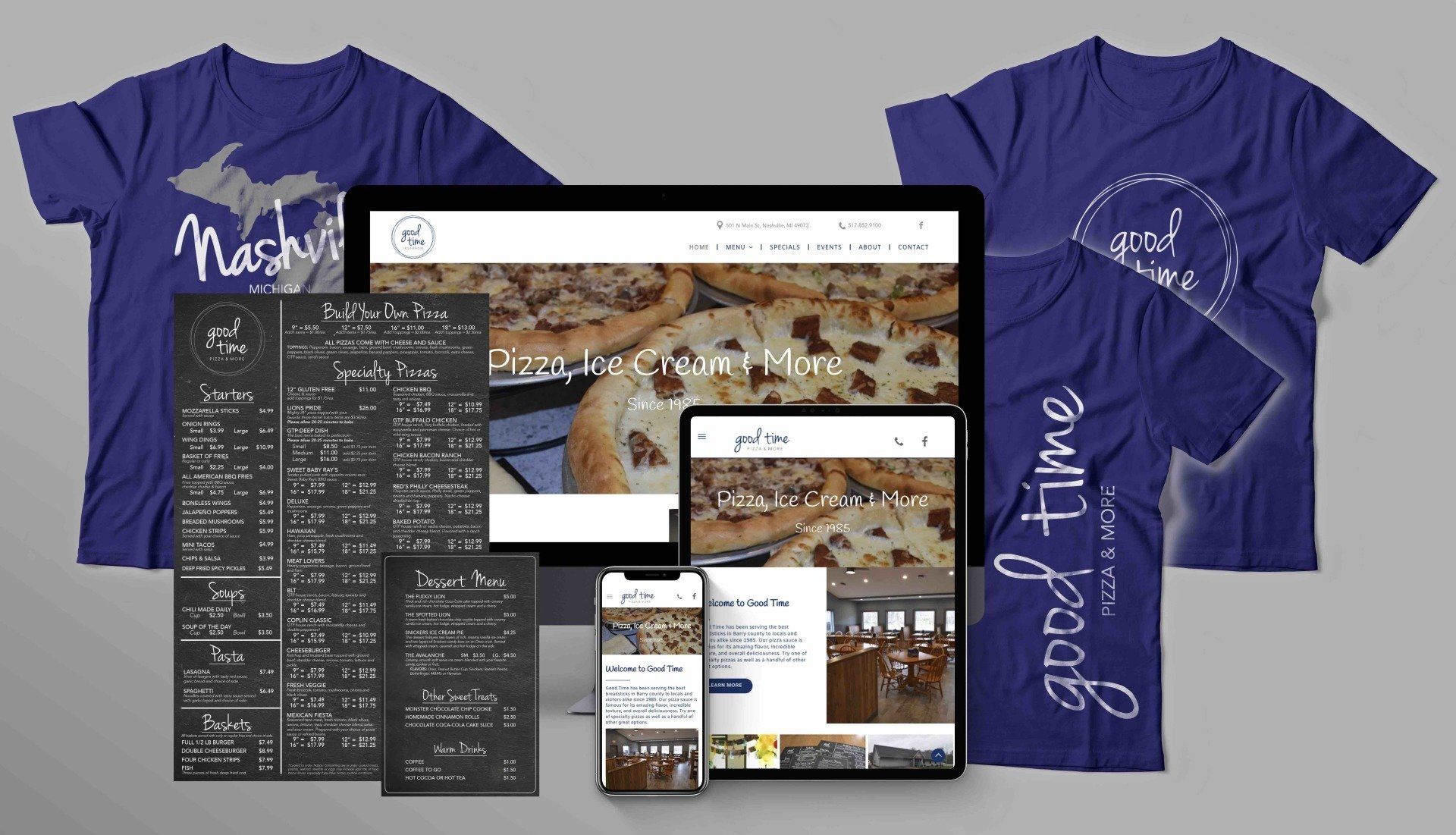 A collection of products for Good Time Pizza in Nashville, Michigan.