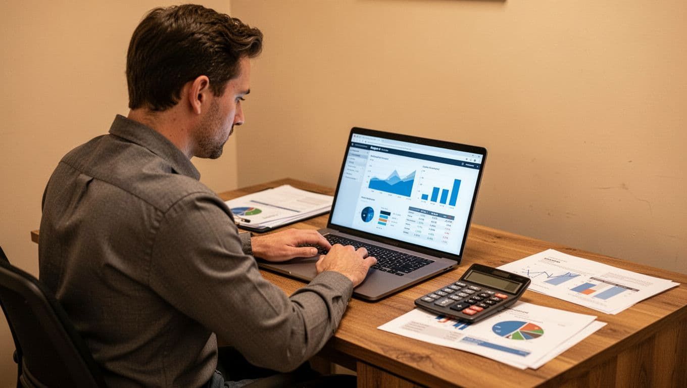 A man is analyzing charts on a laptop and papers at a desk, with a calculator.