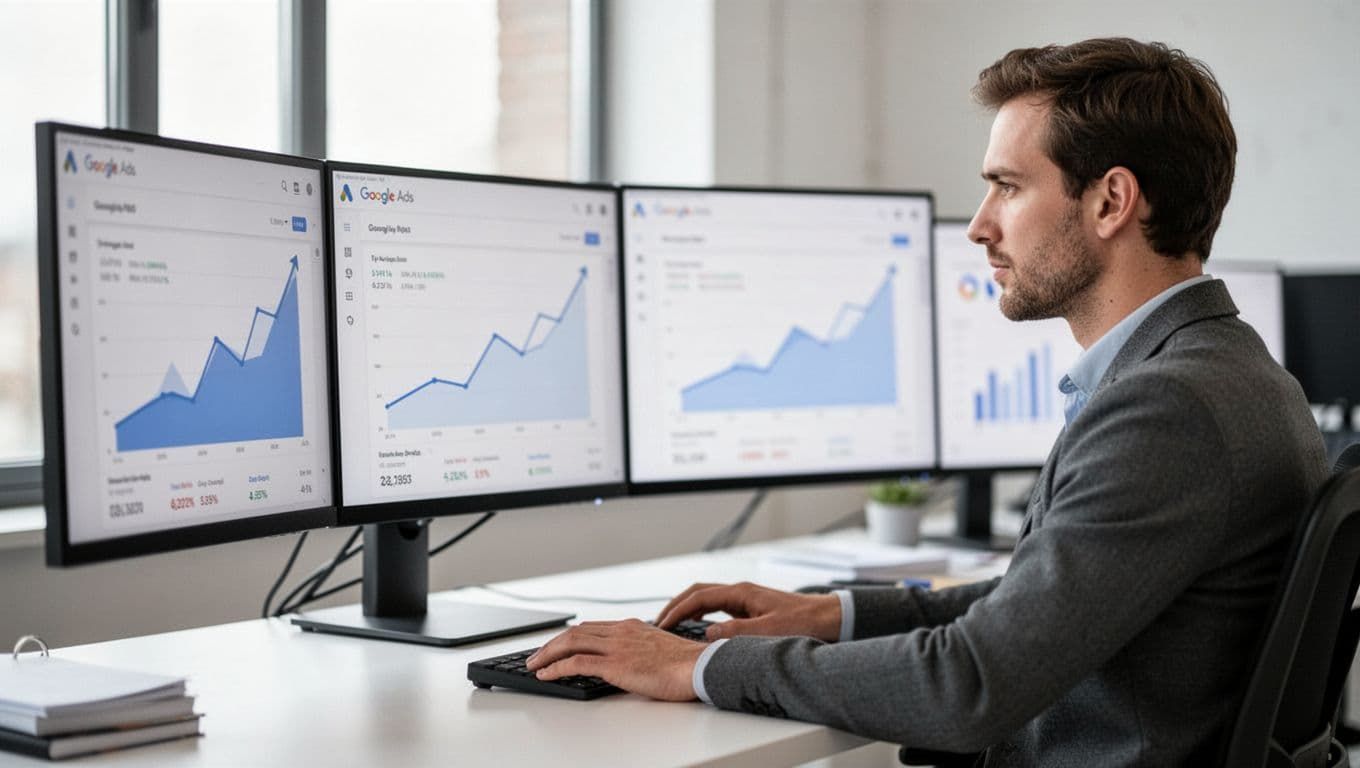 Man analyzing graphs on multiple computer screens in office setting.