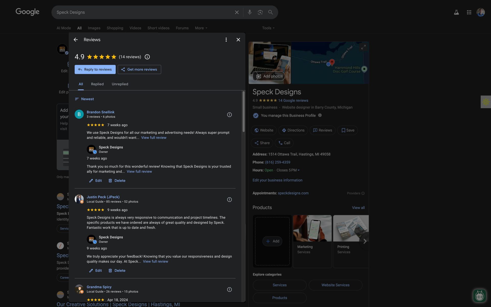A computer screen with a Google Business Profile for Speck Designs with reviews being highlighted.