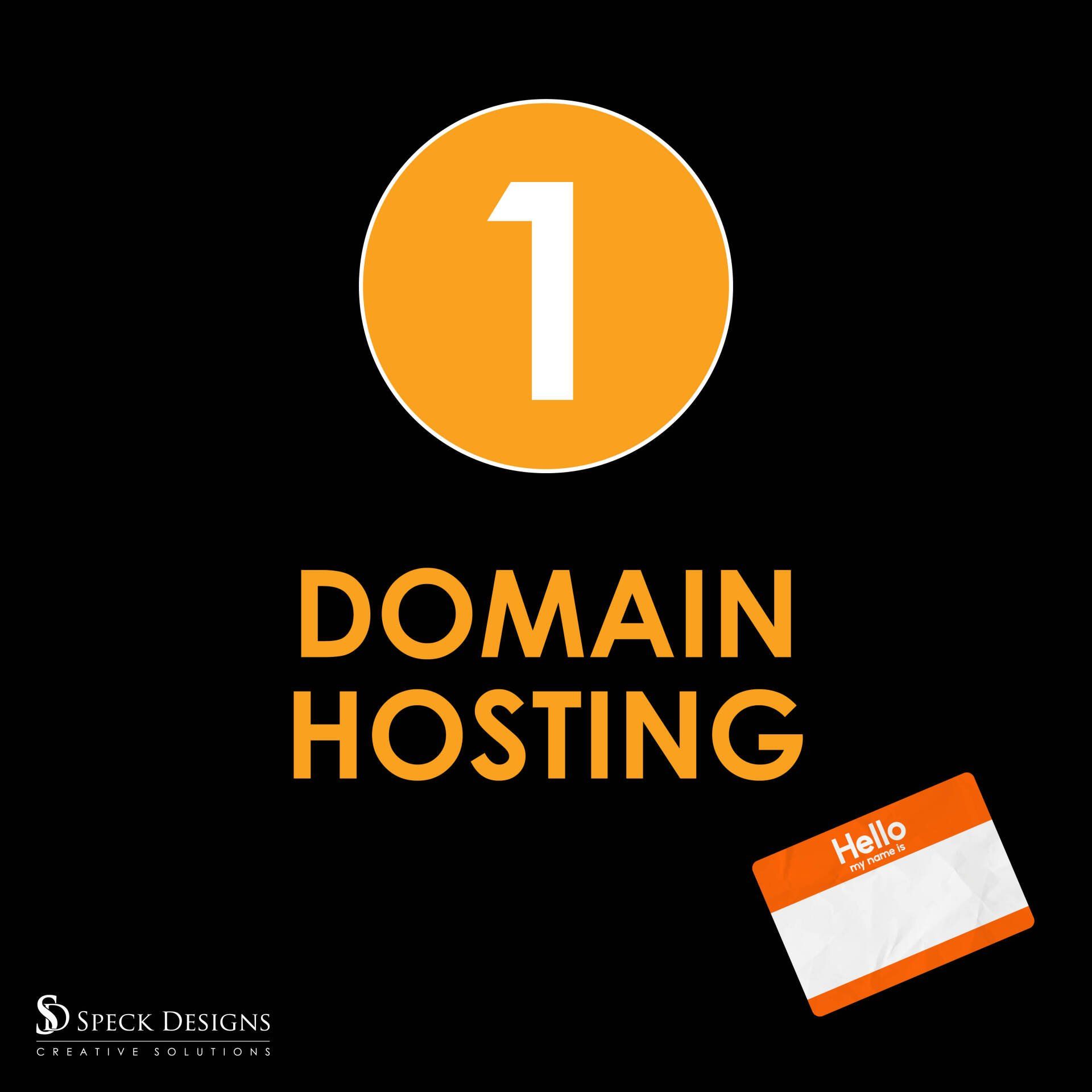 A sign that says domain hosting with a name tag