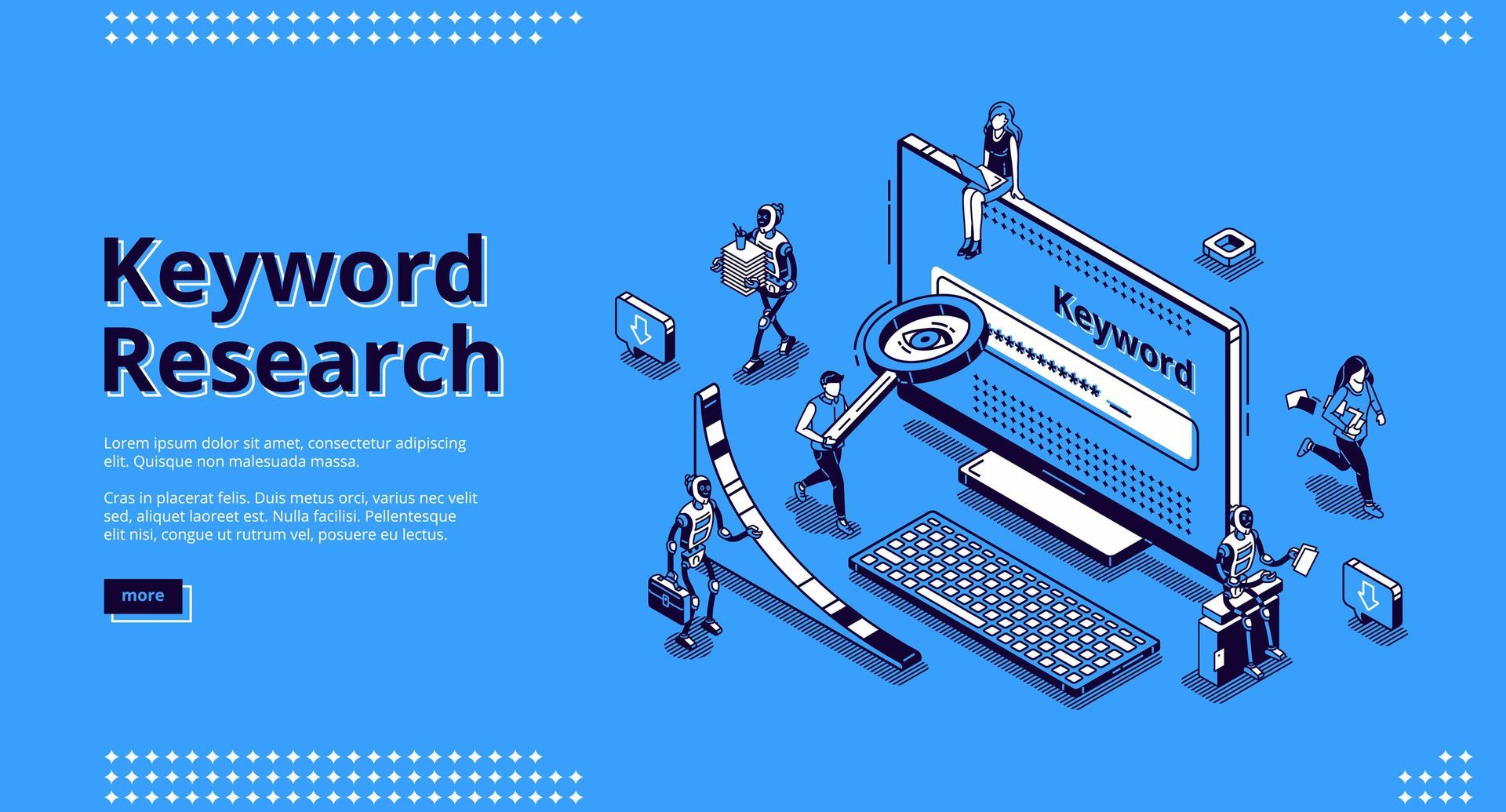 It is an isometric illustration of a keyword research process.