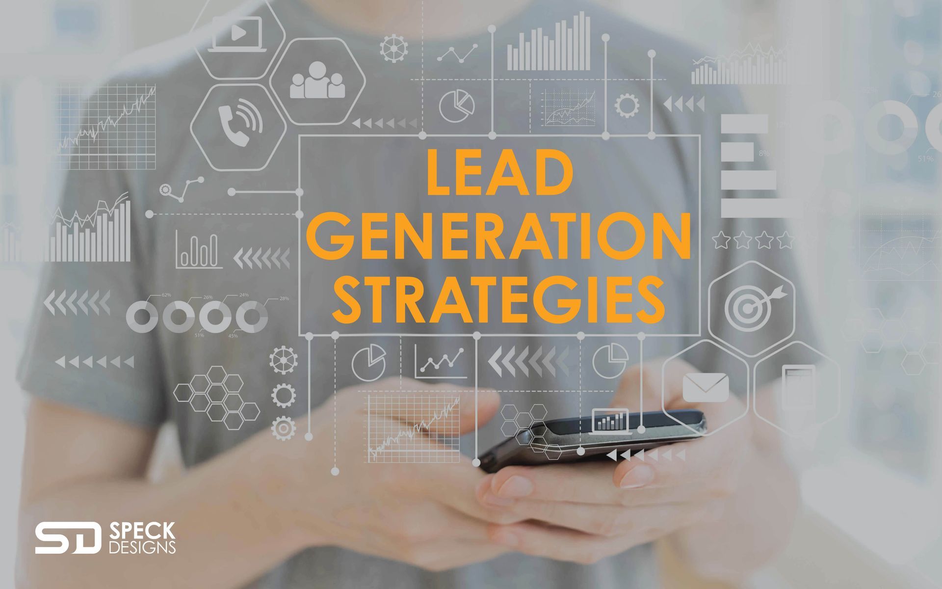 A man is holding a cell phone in his hands and using lead generation strategies.