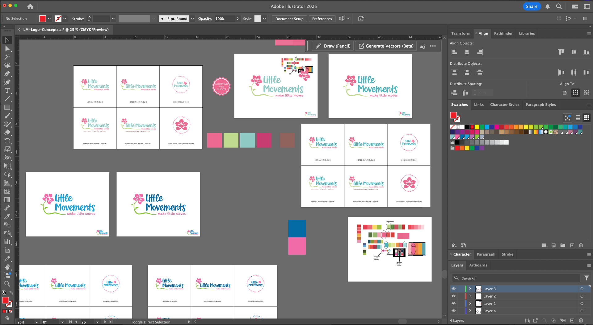 Design workspace showing multiple logo mockups, color swatches, and artboards on a dark canvas.