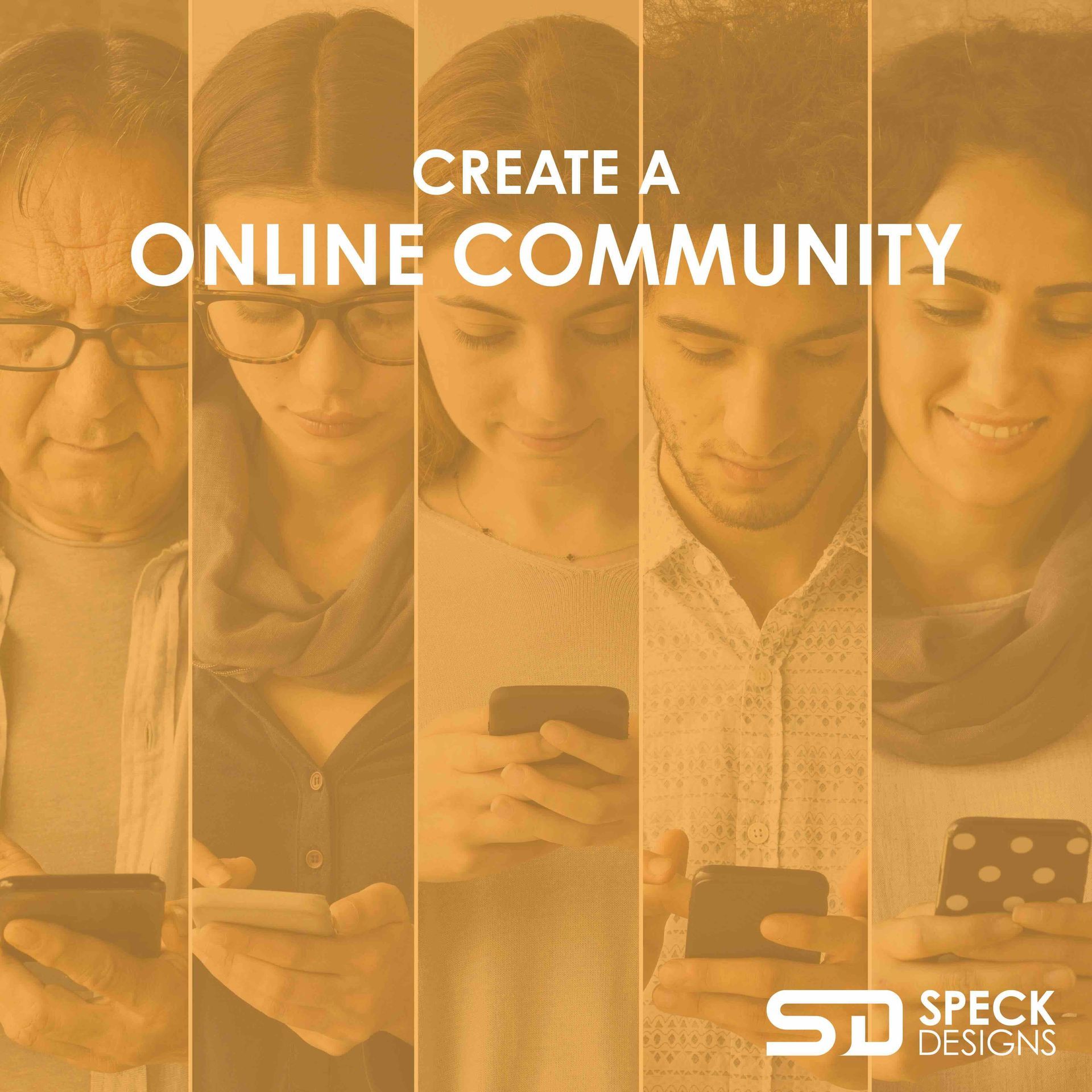 a collage of people looking at their phones with the words create an online community.
