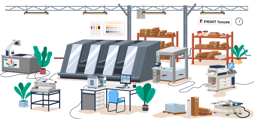 A cartoon illustration of a printing factory with a printing machine.