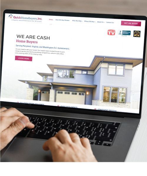 A person is typing on a laptop that says we are cash home buyers, which is the website for a company called Quick Homebuyers.
