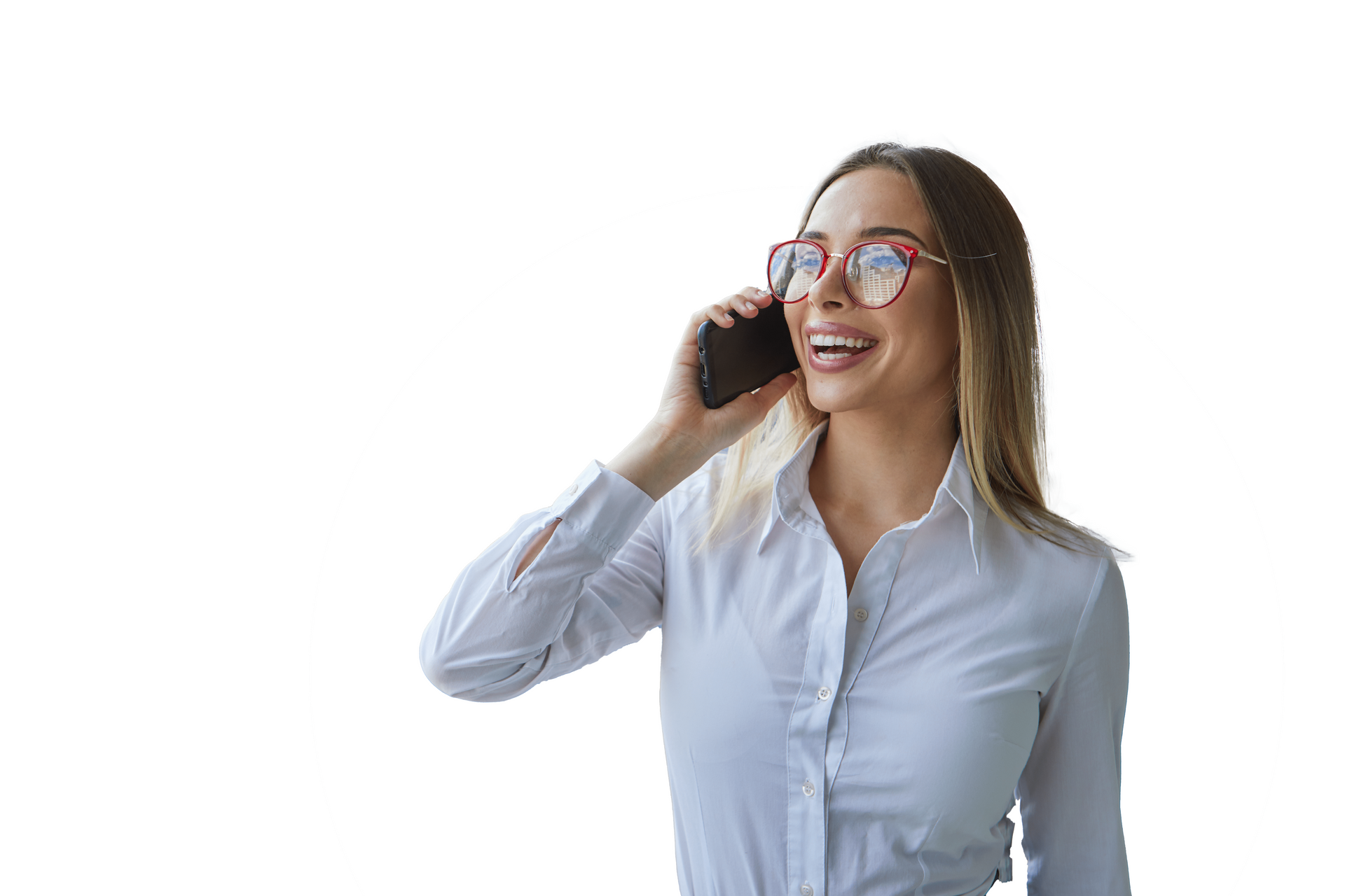 A woman wearing glasses is talking on a cell phone.