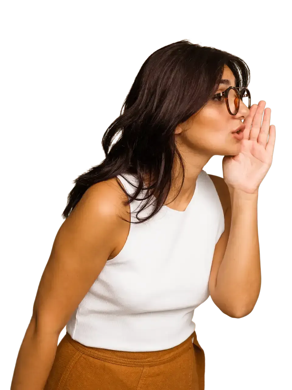 A woman wearing glasses is whispering.