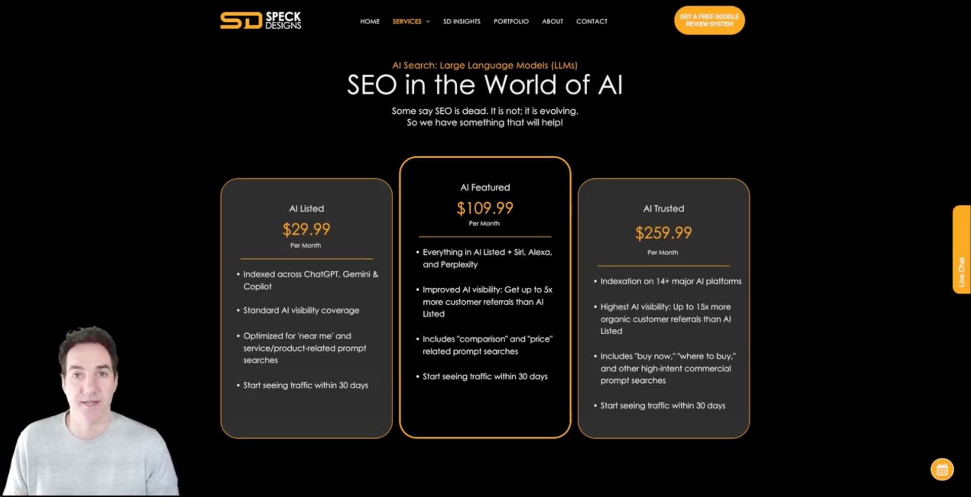 Man presenting SEO services website. Dark background, pricing packages displayed.