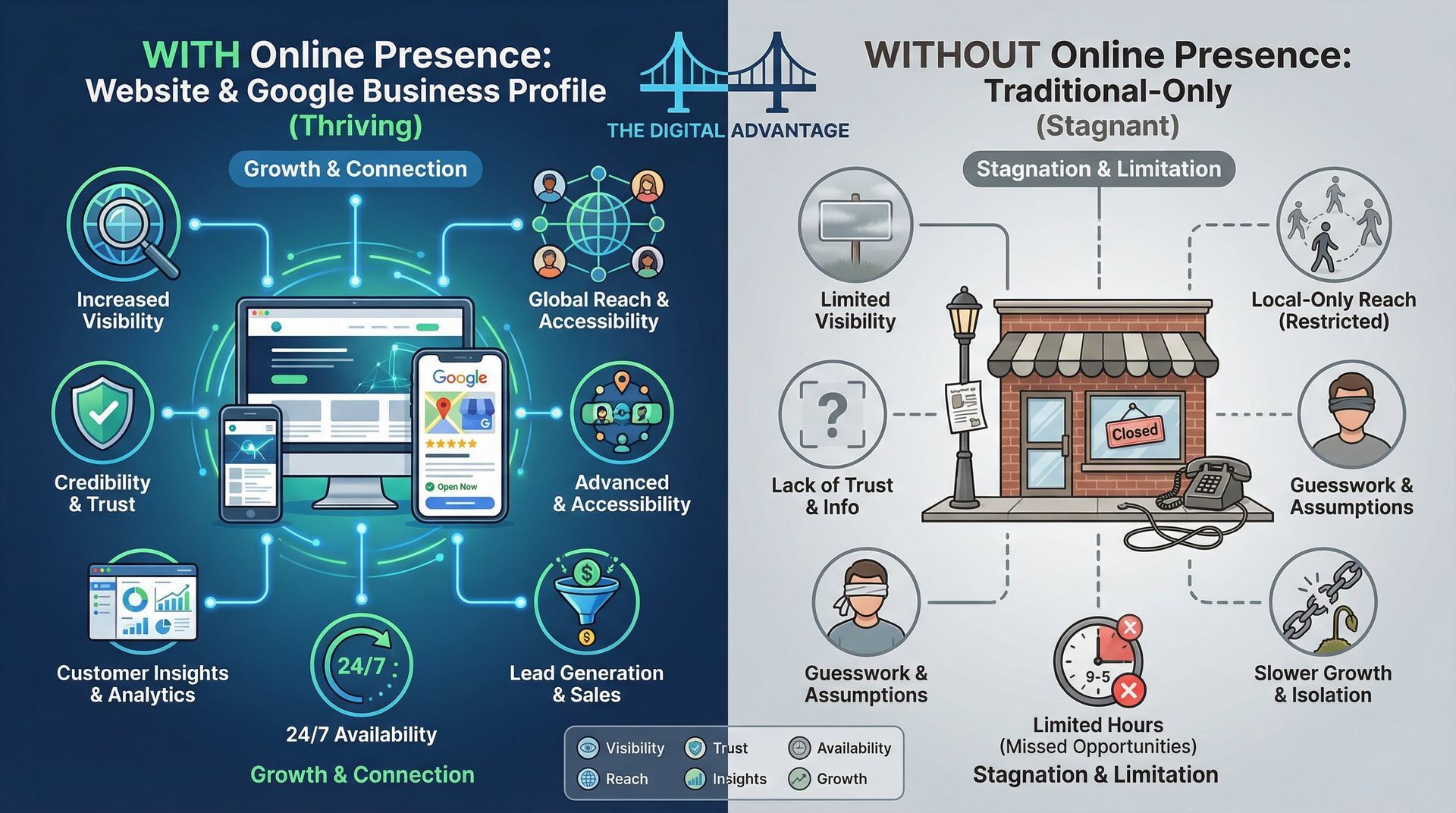 Infographic comparing a thriving business with an online presence against a stagnant business without one.