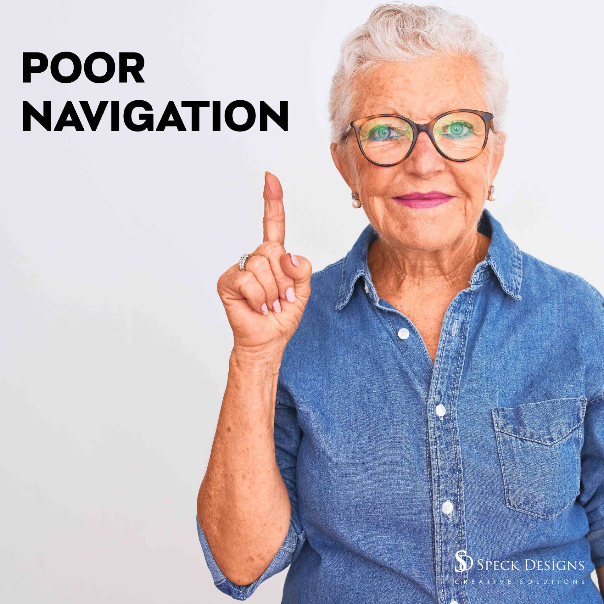 An elderly woman wearing glasses is pointing up with her finger.