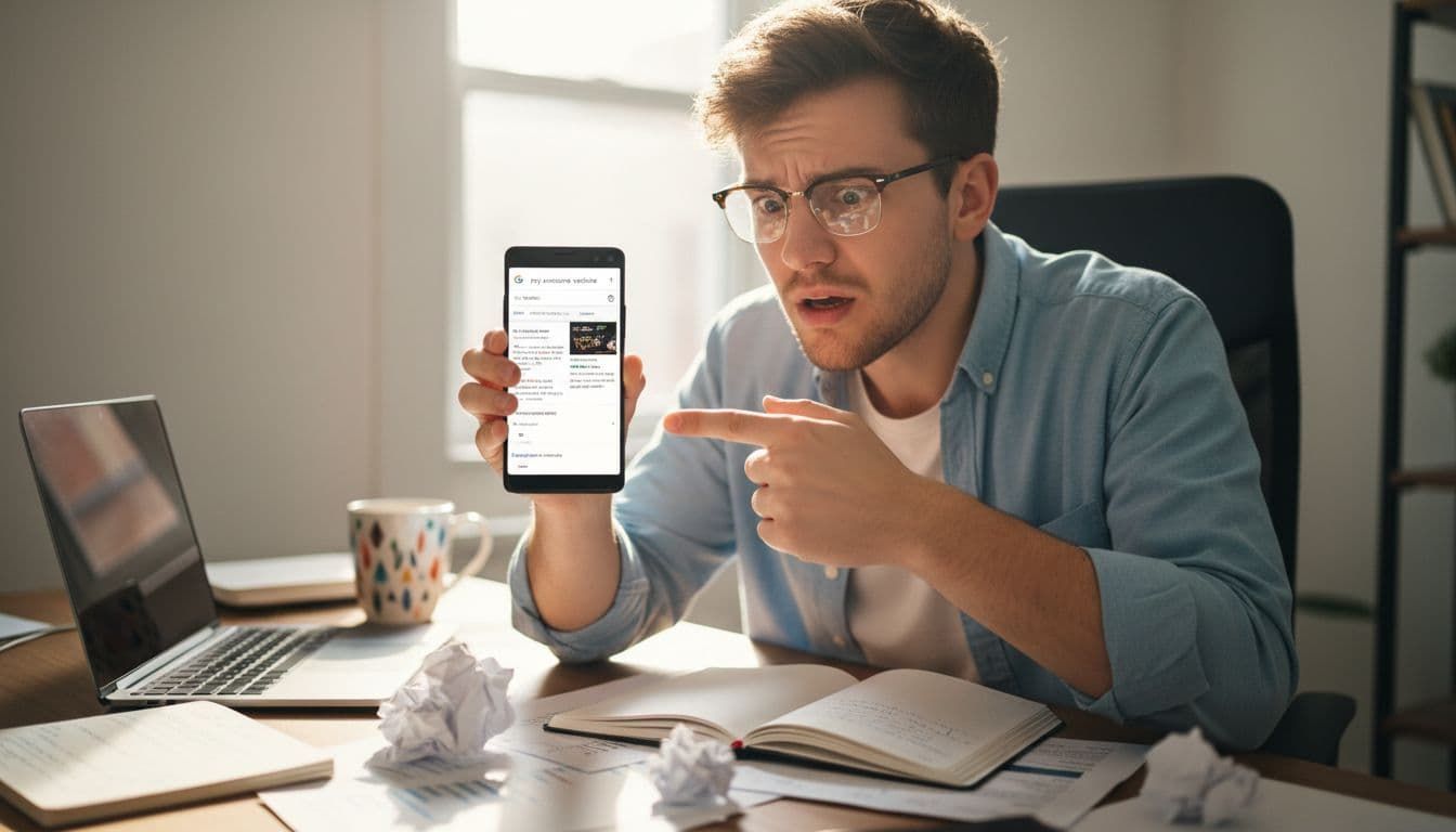 A person sits at a desk with a laptop and paper, pointing at a smartphone screen with a confused, frustrated expression.