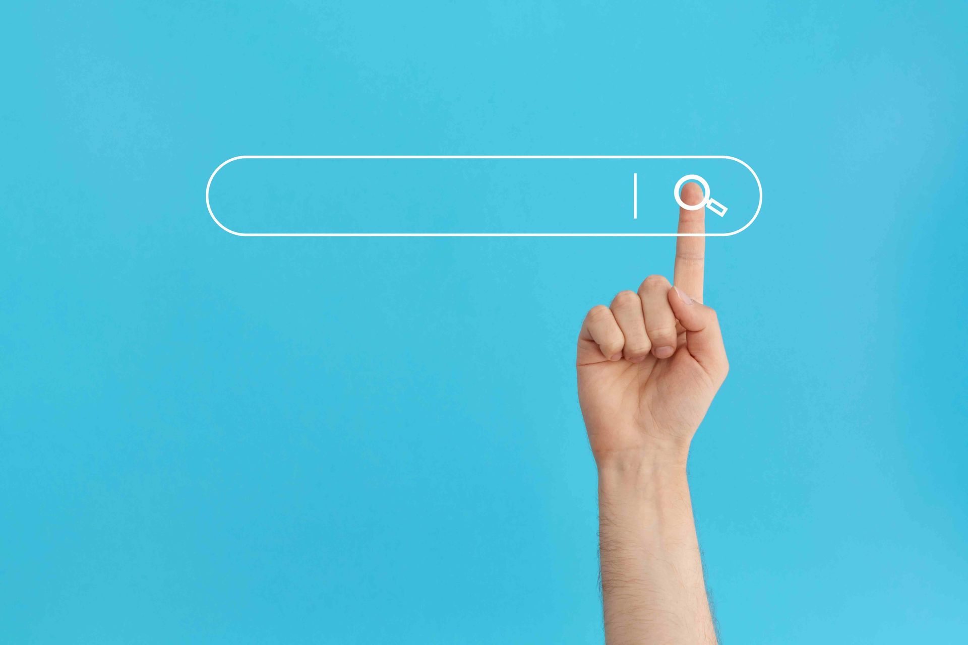 A hand is pointing at a search bar on a blue background.