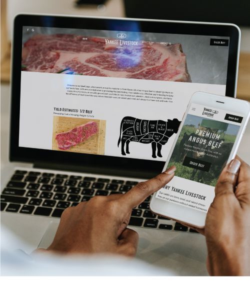 A person is holding a cell phone in front of a laptop computer with information about Yankee Livestock on the screens.